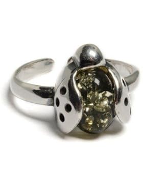 HENRYKA Kinder Klassisch baltischer Bernstein und Silber, grüner Bernstein Marienkäfer Kinderring