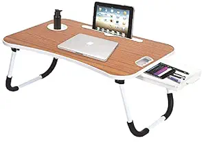 Callas Multipurpose Foldable Laptop Table with Cup Holder | Drawer | Mac Holder | Table Holder Study Table, Breakfast Table, Foldable and Portable/Ergonomic & Rounded Edges/Non-Slip Legs (WA-27-Brown)