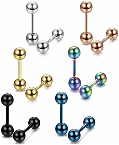 Besflily Jewellery 5mm 6 Pairs Stainless Steel Round Ball Mixed Color Barbell Shape Stud Earrings for Men Women