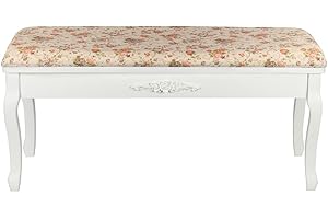 MOG CASA MOG Banqueta V Elegante Blanca Perla con Tela Floral 100 x 40 x 46,5 cm en Estilo Barroco