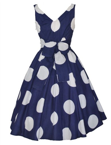 1950's Vintage Retro Style Large Polka Dot Navy Blue Cotton Dress (10)