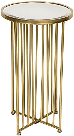 Gold Round Metal Tubular Side Table Mirrored Top Vintage Style Art Deco