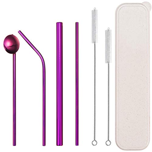 ANEWISH Lot de 7 pailles en Acier Inoxydable réutilisables (4 pailles, 2 brosses de Nettoyage et 1 boîte de Rangement) pour Cocktails, Smoothies, Bubble Tea Violett