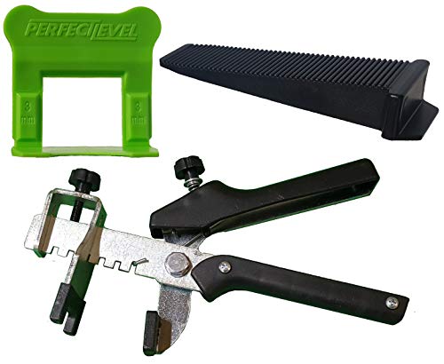 Kit nivellement carrelage 3mm 500 clips (bases) + 200 coins (cales) + 1 pince métallique PL Perfect Level Pro, croisillon autonivelant professionnel