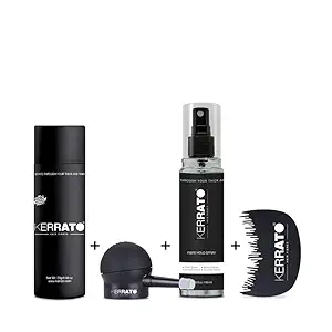Kerrato Hair Fibre 28gm (NATURAL BLACK), Kerrato FIbreHold Spray (100ml), Optimizer Comb and Pump | Kerrato Hair Fiber Combo Kit