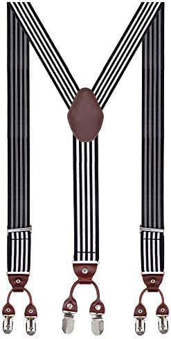 Men Braces 35mm Standard Adjustable and Elastic Suspenders Y Shape with 6 Strong Clips / White stripe