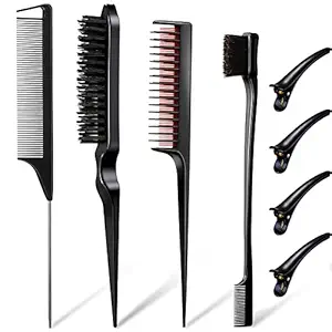 8 Pieces Edge Brush Teasing Comb with Hair Clips Grooming Hair Styling Comb Teasing Dual Edges Styling Brush Black Fluffy Bristle Hair Brush Sturdy Rat Tail Comb for Women Girls Kids and Hair Stylists