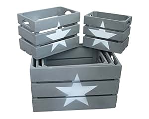 5er Set Holzkisten in Grau mit Stern - Aufbewahrungskörbe Kisten Körbe