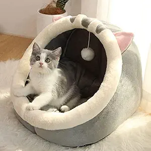 Mokshith Cat Beds for Indoor Cats, Semi-Enclosed Cat Cave Bed with a Plush Ball Large Space for Cats to Sleep Soft and Comfortable Covered Cat Bed with a Washable and Detachable Mat || Large Size ||