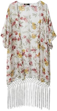 Yidarton Women's 3/4 Sleeve Floral Printed Chiffon Kimono Cardigan Tops Blouse (XL, White-3)