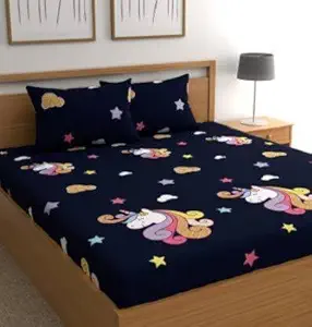 SinghsVillas Decor Cartoon Printed Cotton Double Bedsheet with 2 Pillow Covers (Blue Unicorn)