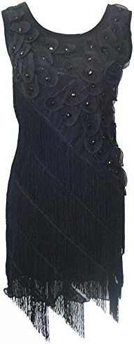 Izacu Flocc Women 1920s Beaded Fringe Scalloped Petal Hem Origami Flapper Dress (X-Small/Small, black)