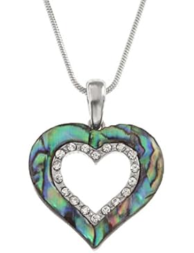 Kiara Schmuck Anhänger Herz offen Halskette mit Rundum Glas Steinen eingelegten mit Grün & Blau Paua Abalone Shell...