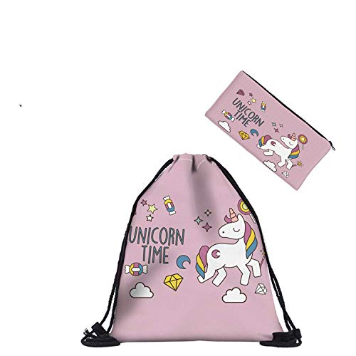 Preisvergleich Produktbild HELLATHUND Fashion Schule Weiblichen Beutel Beuteltasche Hipster Tasche Rucksack Turnbeutel mit Kosmetiktasche für Mädchen 2er / Pack (Cute Horn)