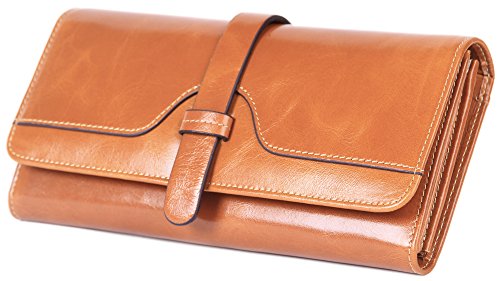 Borgasets Womens Leather Purse Ladies Trifold Wallets With ID Card Holder Brown