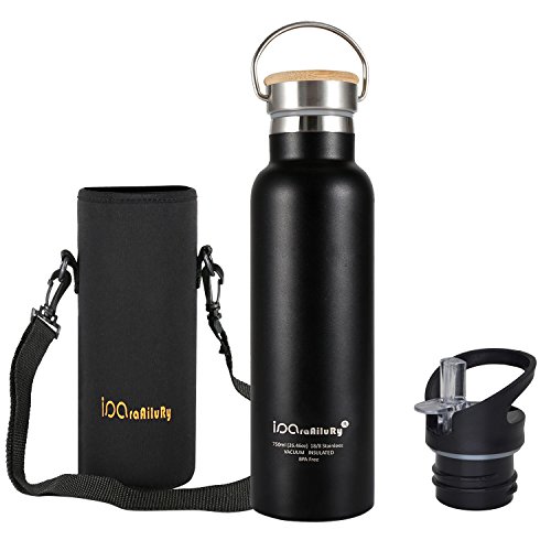 Trinkflasche Edelstahl mit Bambus Kappe (2 Trinkverschlüsse) - iParaAiluRy BPA freie Thermosflaschen 500/750/1000ml - Vakuumisolierte Doppelwandig Edelstahlflasche für Outdoor, Büro, Camping, Sport - Flasche Edelstahl