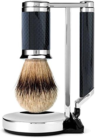 HOMMAGE Precision Cast Luxury Carbon Fiber Shave Set with Brush, Razor and Magnetized Stand