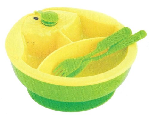 FOR BABIES - 3 Compartment Food Warmer Baby plate Set - Easy & Safe (Yellow/Green)