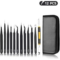 Pinzas de Precisión kit 12pcs Kieenass Anti-Estáticas de Acero Inoxidable Pinzas Electronica para Electrónica Joyería Trabajo de Laboratorio Maintenance Tools Ceja y Pelo