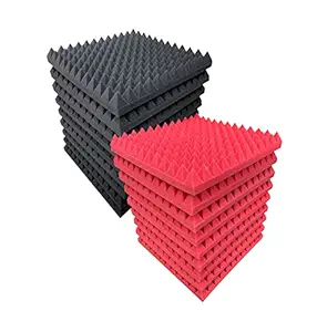 MMT Acoustix 2 inch Pyramid Acoustic Foam Panels (1x1 Ft) Studio Sound Absorbing Soundproofing Panels | Control Echo & Reverb | 9 Black & 9 Red Tiles