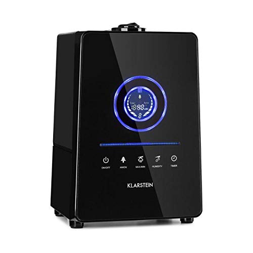 KLARSTEIN Monaco - humidificateur d'air, rafraîchisseur d'air, atomiseur, ioniseur, ultrasons, réservoir d'eau 6 litres, rétroéclairage LED Bleu, 3 puissances, Filtre antibactérien, Noir