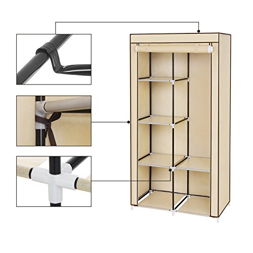 Songmics XL Stoffschrank Faltschrank 7 Montagearten Kleiderschrank mit 2 Kleiderstange 88 x 170 x 45 cm (B x H x T) beige RYG84M - 8