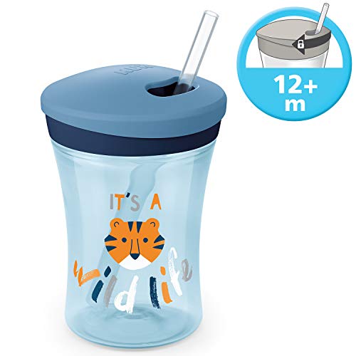 NUK Action Cup Trinklernflasche, weicher Trinkhalm, auslaufsicher, 12+ Monate, BPA-frei, 230ml, Tiger (blau)