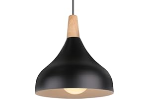 iDEGU Hängelampe Retro E27 Hängeleuchte Moderne Tropfenförmig Hut Deckenleuchte aus Metall Holz Pendelleuchte für Schlafzimmer Esszimmer Küche (Schwarz, 1 Stück)