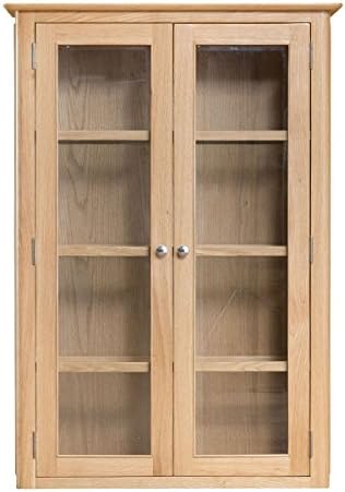 Stockholm Natural Oak Finish 2 Door Sideboard Hutch / Scandinavian Style Glass Fronted Cabinet with Lights / 2 Handle Choices