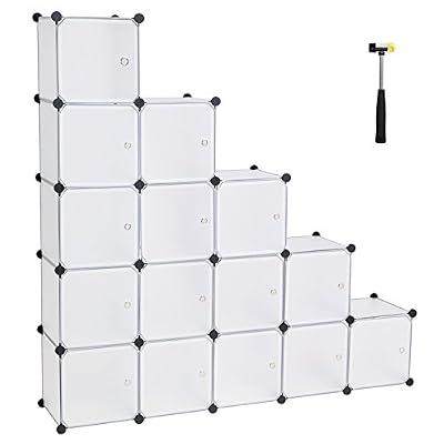 SONGMICS 16 Casiers Étagère de Rangement Plastique Armoire Porte DIY Stable Assemblage Facile Blanche LPC44BS