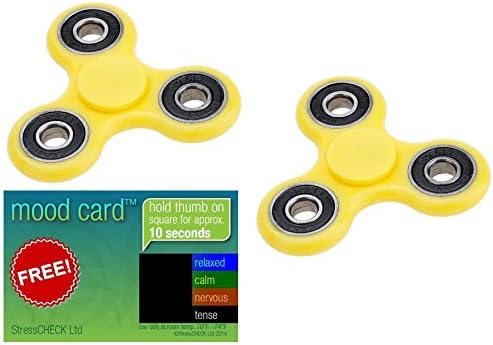 Fidget Spinners - Yellow Fiddle Toys | 2 x Yellow Finger Spinners | Fiddle Kit by StressCHECK | includes FREE Mood Card | Spinner Fidget Toy Sensory Toys | Stress Relief Toys &amp; ADHD Toys for Autism, SEN &amp; PTSD