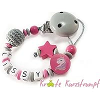 Schnullerkette mit Namen für Mädchen mit Einhorn, Stern und Häkelperle - rosa, pink, grau