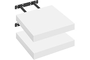 eSituro Lot de 2 Étagères Murales, Étagère Flottante, en MDF et Métal, avec Support Invisible, pour Chambre, Salon, Bureau, Cuisine, Blanc, 25x22,9x3,8cm