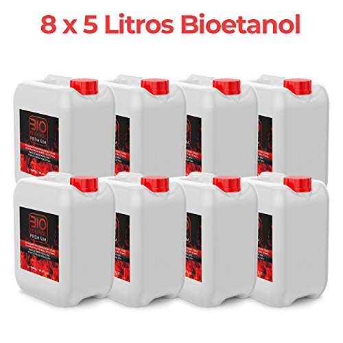 8 x 5 Litros Bioetanol Premium Transparente para chimeneas - 40 Litros Combustión de alta calidad no humos origen Vegetal