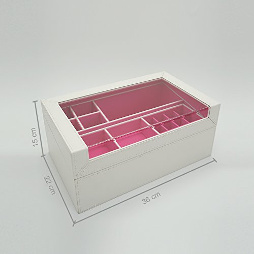 4Queens XXXL Eleganter Holz Leder Kosmetikorganizer Kosmetikbox Kosmetik Ständer Kosmetik Aufbewahrung Schmuckaufbewahrung Schmuckkasten Schminkkasten Schminkbox Schmink Aufbewahrung Makeup Aufbewahrung Makeup Box mit sichtbarem Fenstern LxBxH: 36*22*15cm(Weiß/Rosarot) - 6
