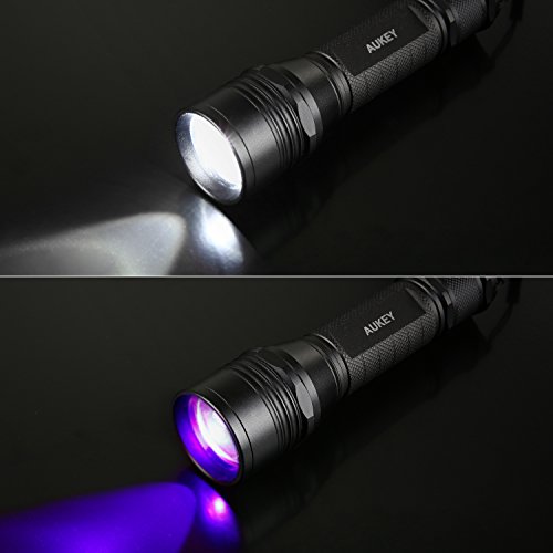 AUKEY Taschenlampe mit einstellbarem Fokus, Weiß und UV Licht Modi, Wasserdicht, 18650 wiederaufladbare Batterie Outdoor Taschenlampen für Camping(Schwarz LT-SET8) - 2