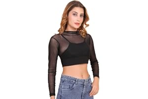AWARA BACHA Women's Black Mesh Crop Top with Mock Neck Long Sleeve Sheer Mesh Top for Casual Party & Night Out