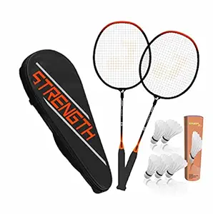 Jaspo GET Set Steel Badminton Racket Combo Set, Lightweight Badminton Racquet with 5 pc Feather shuttlecocks and Carrying Bag for Outdoor Games Suitable for Beginners