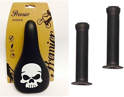 Roaduserdirect Cycle Packages Premier Skull Logo Black & White BMX Saddle & Black Krayton Grips Pack