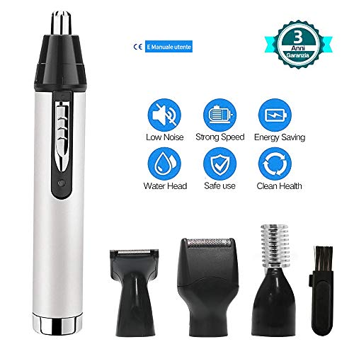 Tagliapeli Naso, Breett 4 in 1tagliapeli naso orecchie, trimmer naso orecchie, tagliapeli per Naso, Orecchie, Barba e Sopracciglia, tagliapeli naso elettrico, Impermeabile, USB Ricaricabile