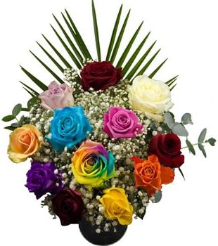 12 Rainbow Mixed Roses Presented in a Hand Tied Bouquet with Lush Foliage and Delivered for Free
