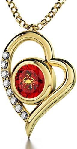 Gold Plated Zodiac Heart Pendant Cancer Necklace 24ct Gold inscribed on Crystal, 18" Gold Filled Chain - NanoStyle Jewellery