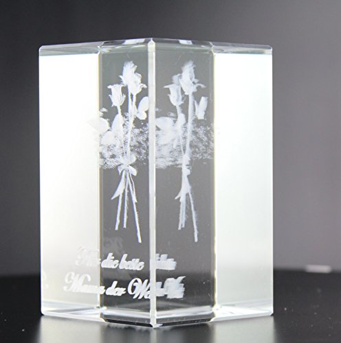 VIP-LASER 3D Glaskristall XL Rosenstrauss mit Text „Für die Beste Mama der Welt!“ graviert - 2