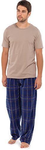 Mens Pyjamas Nightwear short sleeve top &amp; Fleece pants trousers Warm Stripe (M, Beige)