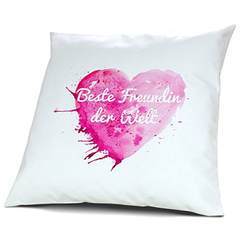Kopfkissen mit Namen Beste Freundin der Welt - Motiv Painted Heart, 40 cm, 100% Baumwolle, Kuschelkissen, Liebeskissen, Namenskissen, Geschenkidee