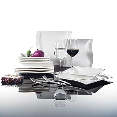 Malacasa, Série Flora, 12pcs Porcelaine Service de Table, 6 Assiettes à Soupe Creuse, 6 Assiettes Plates