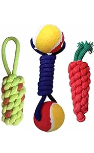 Doggos Tail Combo of 3 Durable Pet Teeth Cleaning Chewing Biting Knotted Small Puppy Toys -100% Natural & Safe Cotton (Color May Vary)