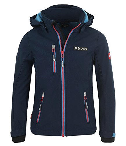 Trollkids Kinder Softshell Jacke Preikestolen, Marineblau / Mittelblau / Rot, Gre 104