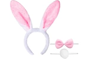 WHGHNCQ Ensemble Déguisement de Lapin Serre-tête d`oreille de lapin+Cravate en forme de nœud papillon+Queue en Peluche Costume Enfant Adulte pour Cosplay Fête Carnaval Halloween Anniversaire
