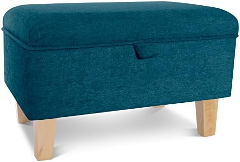 Storage Footstool Ottoman, Chenille Fabric Rectangular Footrest With Real Wood Legs (Small 50x33x32cm (LxWxH), Teal)